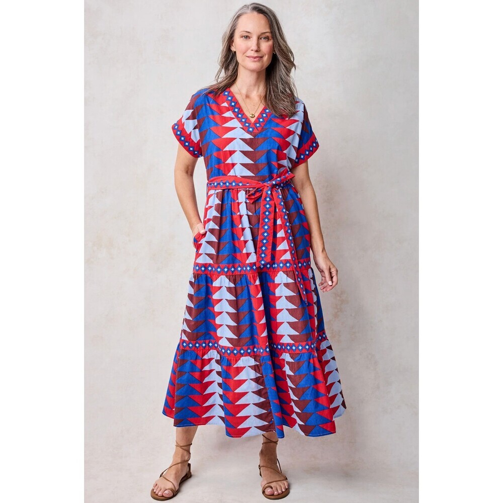 Printfresh Harbour Dress in Canyon Geo Arizona Blue Size XXL Belted Tiered Maxi